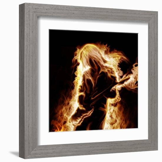 Musician With An Electronic Guitar Enveloped In Flames On A Black Background-Sergey Nivens-Framed Art Print