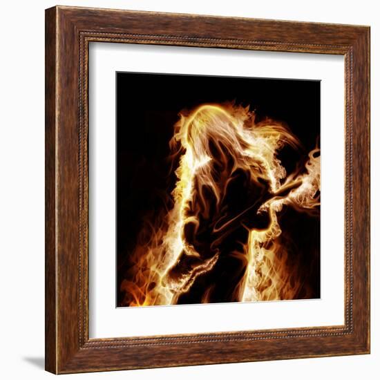 Musician With An Electronic Guitar Enveloped In Flames On A Black Background-Sergey Nivens-Framed Art Print