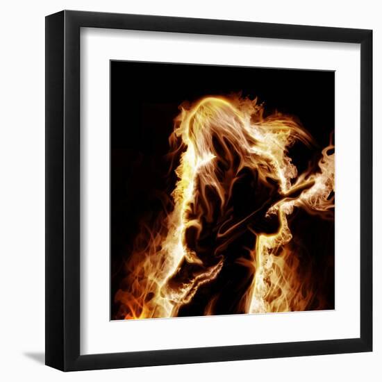 Musician With An Electronic Guitar Enveloped In Flames On A Black Background-Sergey Nivens-Framed Art Print