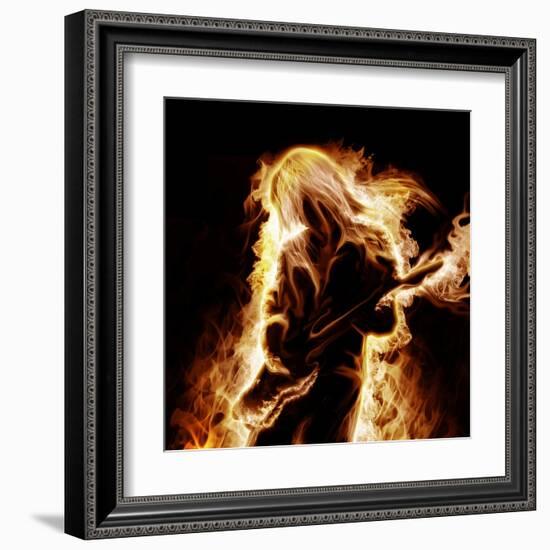 Musician With An Electronic Guitar Enveloped In Flames On A Black Background-Sergey Nivens-Framed Art Print