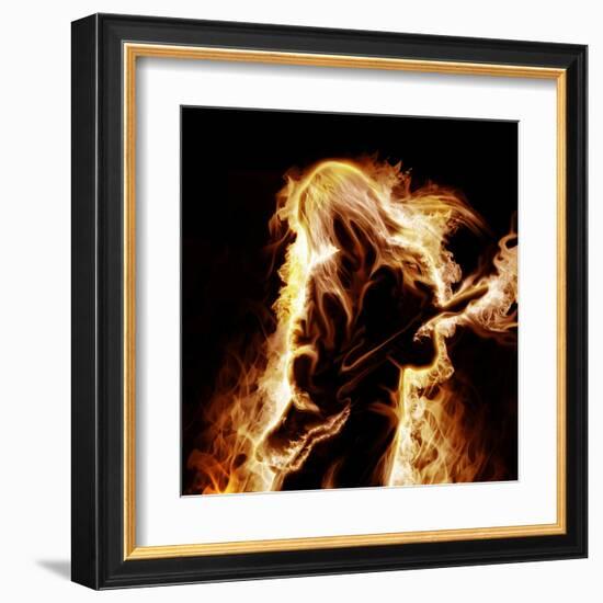 Musician With An Electronic Guitar Enveloped In Flames On A Black Background-Sergey Nivens-Framed Art Print