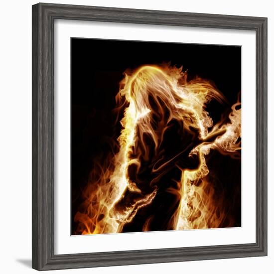 Musician With An Electronic Guitar Enveloped In Flames On A Black Background-Sergey Nivens-Framed Premium Giclee Print