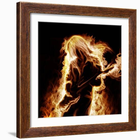 Musician With An Electronic Guitar Enveloped In Flames On A Black Background-Sergey Nivens-Framed Premium Giclee Print