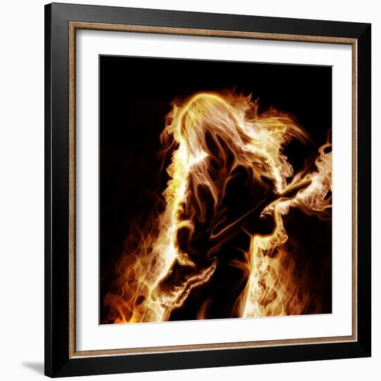 Musician With An Electronic Guitar Enveloped In Flames On A Black Background-Sergey Nivens-Framed Premium Giclee Print