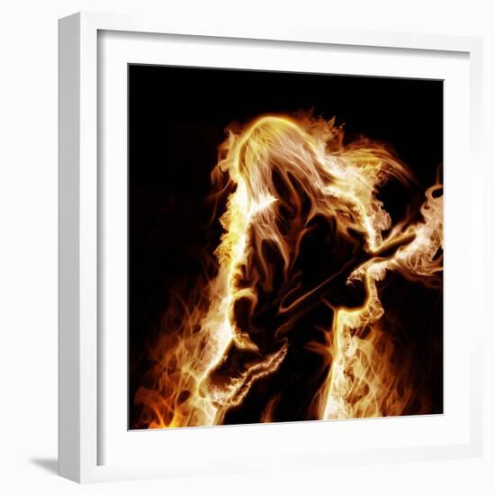 Musician With An Electronic Guitar Enveloped In Flames On A Black Background-Sergey Nivens-Framed Premium Giclee Print