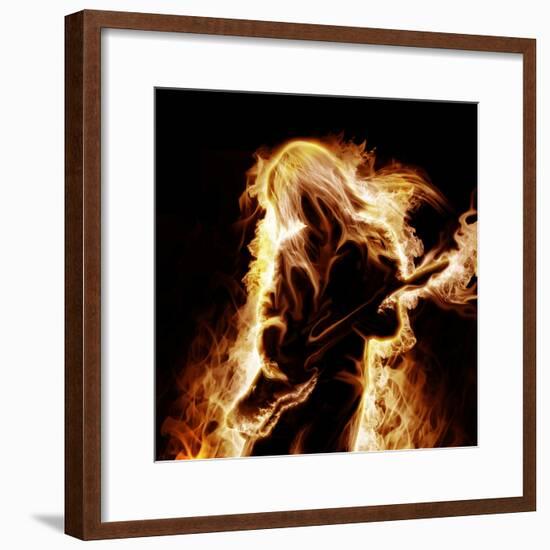 Musician With An Electronic Guitar Enveloped In Flames On A Black Background-Sergey Nivens-Framed Premium Giclee Print