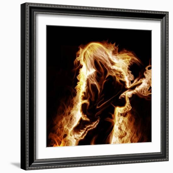 Musician With An Electronic Guitar Enveloped In Flames On A Black Background-Sergey Nivens-Framed Premium Giclee Print