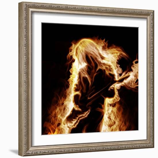 Musician With An Electronic Guitar Enveloped In Flames On A Black Background-Sergey Nivens-Framed Art Print