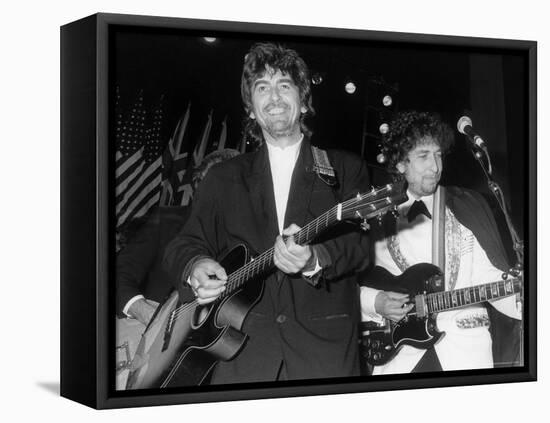 Musicians George Harrison and Bob Dylan Performing at Rock and Roll Hall of Fame-David Mcgough-Framed Premier Image Canvas