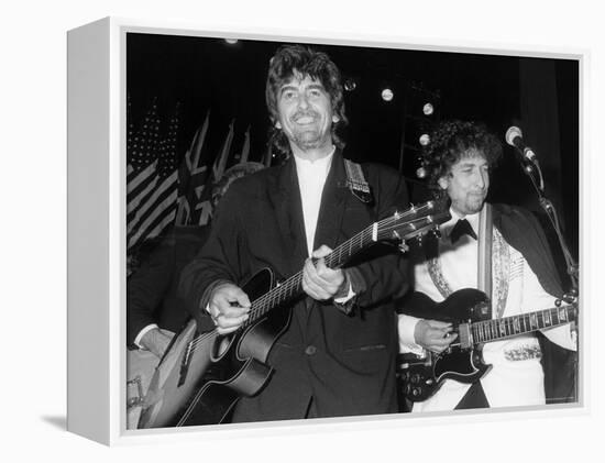 Musicians George Harrison and Bob Dylan Performing at Rock and Roll Hall of Fame-David Mcgough-Framed Premier Image Canvas