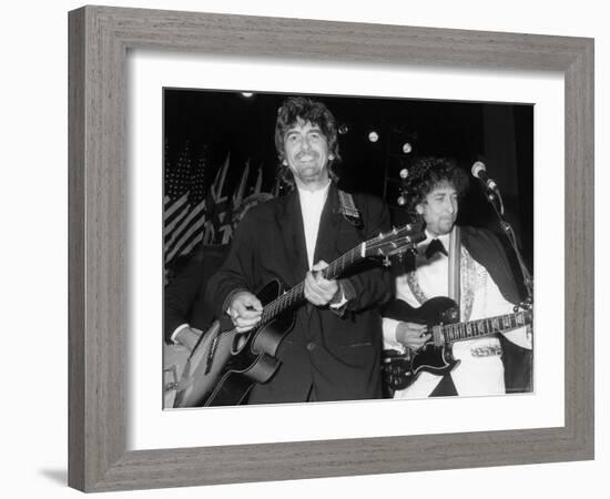 Musicians George Harrison and Bob Dylan Performing at Rock and Roll Hall of Fame-David Mcgough-Framed Premium Photographic Print