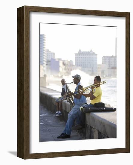 Musicians on the Malecon Playing Saxaphone and Trombone, Havana, Cuba-null-Framed Photographic Print