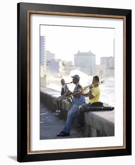 Musicians on the Malecon Playing Saxaphone and Trombone, Havana, Cuba-null-Framed Photographic Print