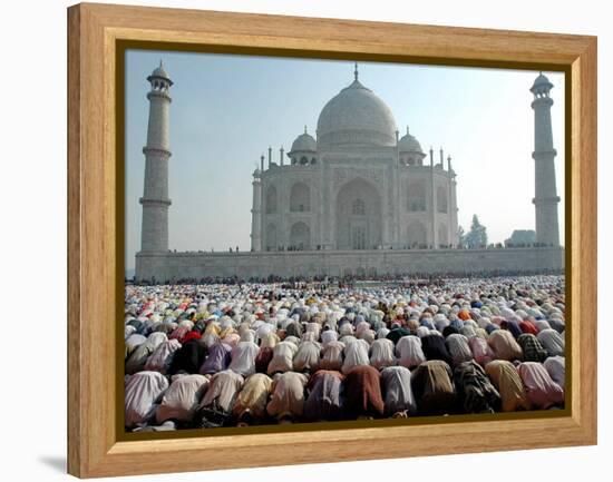 Muslim Faithful Pray at the Mosque in the Taj Mahal Complex to Celebrate Eid-Al-Fitr-null-Framed Premier Image Canvas