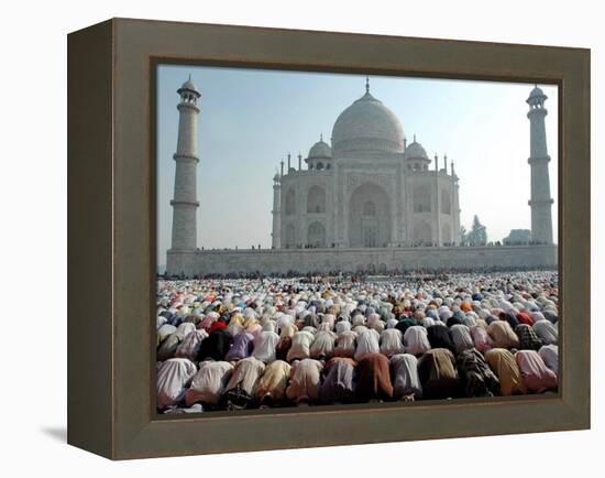 Muslim Faithful Pray at the Mosque in the Taj Mahal Complex to Celebrate Eid-Al-Fitr-null-Framed Premier Image Canvas