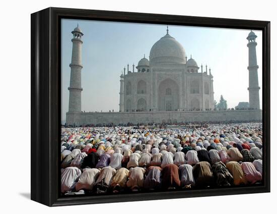 Muslim Faithful Pray at the Mosque in the Taj Mahal Complex to Celebrate Eid-Al-Fitr-null-Framed Premier Image Canvas