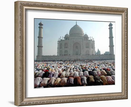 Muslim Faithful Pray at the Mosque in the Taj Mahal Complex to Celebrate Eid-Al-Fitr-null-Framed Photographic Print