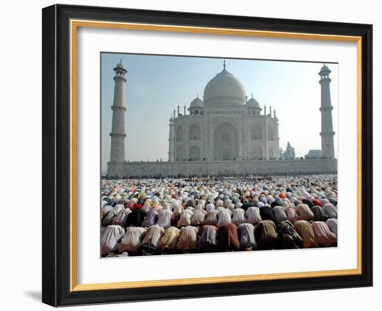 Muslim Faithful Pray at the Mosque in the Taj Mahal Complex to Celebrate Eid-Al-Fitr-null-Framed Photographic Print