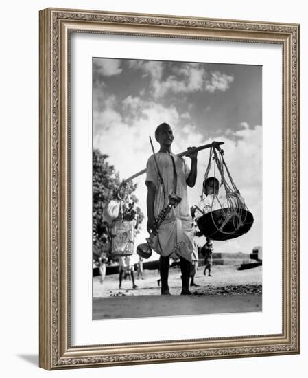 Muslim Man carrying his son and hookah in Convoy to West Punjab to Escape Anti Muslim Sikhs-Margaret Bourke-White-Framed Photographic Print