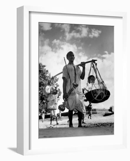 Muslim Man carrying his son and hookah in Convoy to West Punjab to Escape Anti Muslim Sikhs-Margaret Bourke-White-Framed Photographic Print