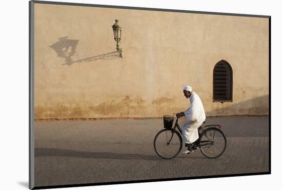 Muslim Man Dressed in White on Bicycle in Old Quarter, Medina, Marrakech, Morocco-Stephen Studd-Mounted Photographic Print