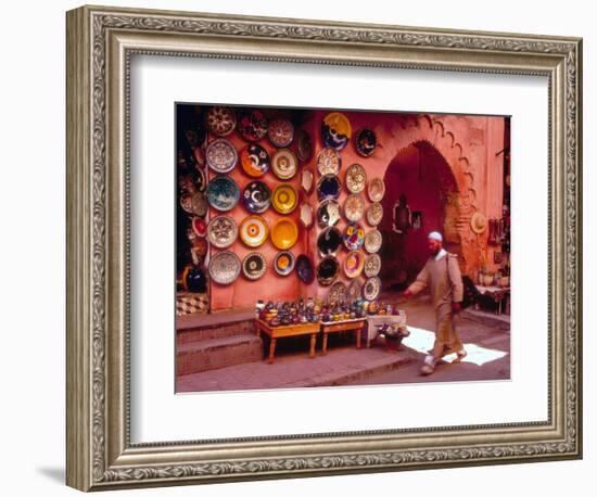 Muslim Man Walks by Wall of Moroccan Pottery, Marrakech, Morocco-John & Lisa Merrill-Framed Photographic Print