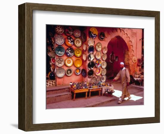 Muslim Man Walks by Wall of Moroccan Pottery, Marrakech, Morocco-John & Lisa Merrill-Framed Photographic Print