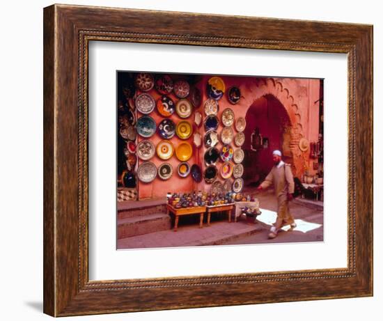 Muslim Man Walks by Wall of Moroccan Pottery, Marrakech, Morocco-John & Lisa Merrill-Framed Photographic Print