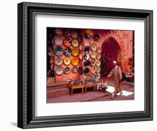 Muslim Man Walks by Wall of Moroccan Pottery, Marrakech, Morocco-John & Lisa Merrill-Framed Photographic Print