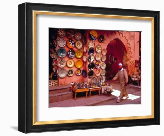 Muslim Man Walks by Wall of Moroccan Pottery, Marrakech, Morocco-John & Lisa Merrill-Framed Photographic Print