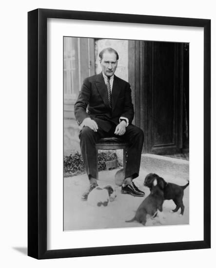 Mustafa Kemal Ataturk, President of Turkey, with His Pet Dogs, Ca. 1930-null-Framed Premium Photographic Print