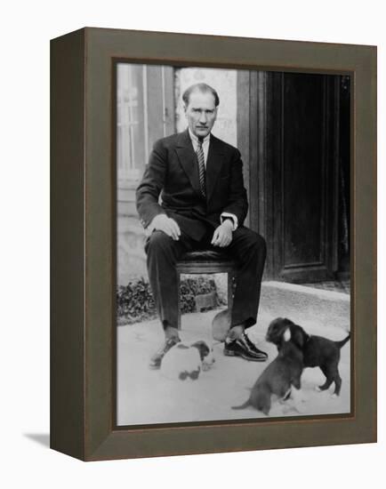 Mustafa Kemal Ataturk, President of Turkey, with His Pet Dogs, Ca. 1930-null-Framed Stretched Canvas