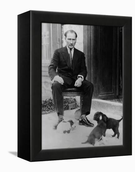 Mustafa Kemal Ataturk, President of Turkey, with His Pet Dogs, Ca. 1930-null-Framed Stretched Canvas