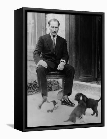 Mustafa Kemal Ataturk, President of Turkey, with His Pet Dogs, Ca. 1930-null-Framed Stretched Canvas