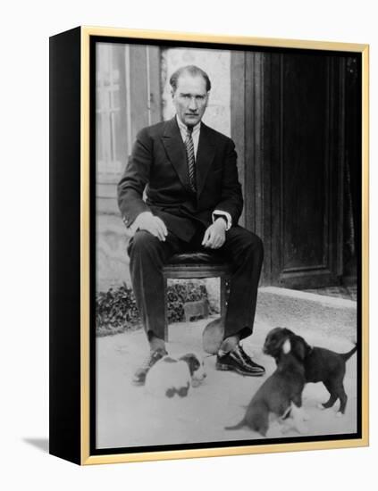 Mustafa Kemal Ataturk, President of Turkey, with His Pet Dogs, Ca. 1930-null-Framed Stretched Canvas