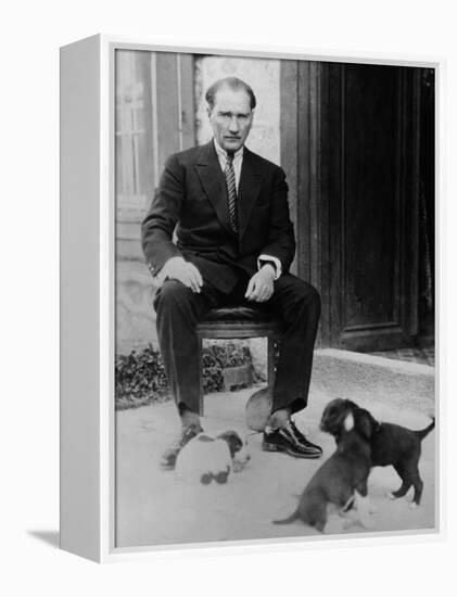 Mustafa Kemal Ataturk, President of Turkey, with His Pet Dogs, Ca. 1930-null-Framed Stretched Canvas