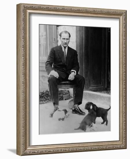 Mustafa Kemal Ataturk, President of Turkey, with His Pet Dogs, Ca. 1930-null-Framed Photo