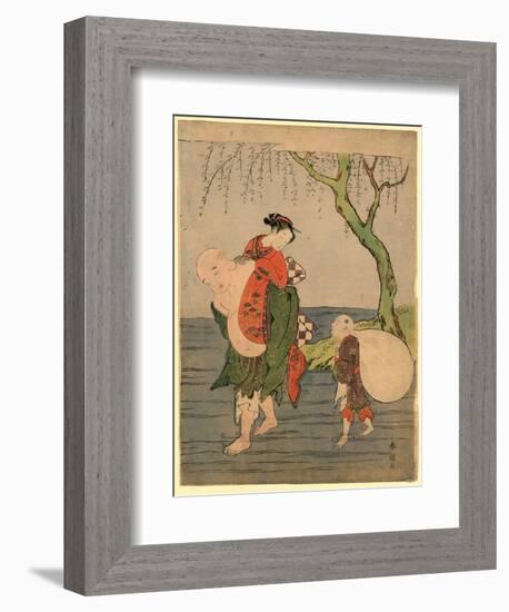 Musume O Seotte Kawa O Wataru Hotei-Suzuki Harunobu-Framed Giclee Print