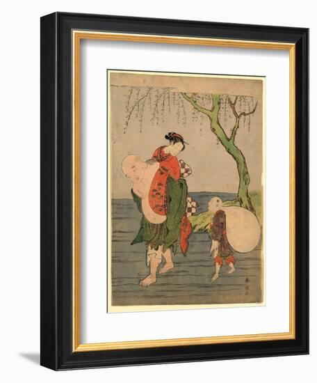 Musume O Seotte Kawa O Wataru Hotei-Suzuki Harunobu-Framed Giclee Print