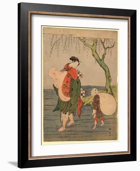 Musume O Seotte Kawa O Wataru Hotei-Suzuki Harunobu-Framed Giclee Print