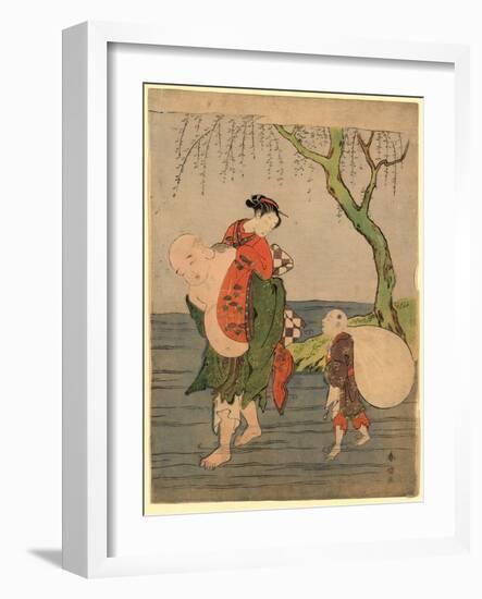 Musume O Seotte Kawa O Wataru Hotei-Suzuki Harunobu-Framed Giclee Print