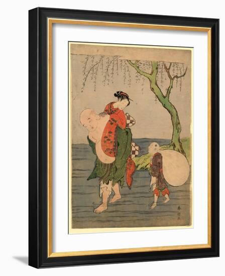 Musume O Seotte Kawa O Wataru Hotei-Suzuki Harunobu-Framed Giclee Print