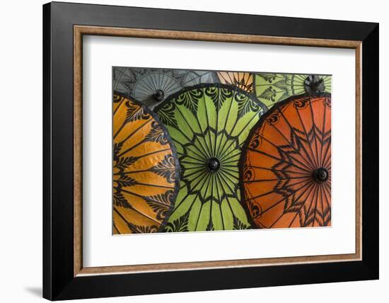 Myanmar, Bagan. Handmade and Painted Parasols on Display in a Shop-Brenda Tharp-Framed Photographic Print