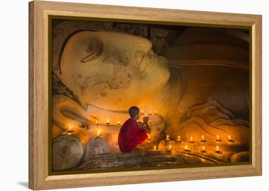 Myanmar, Bagan. Young Monk at Shinbinthalyaung Temple Reclining Buddha-Brenda Tharp-Framed Premier Image Canvas