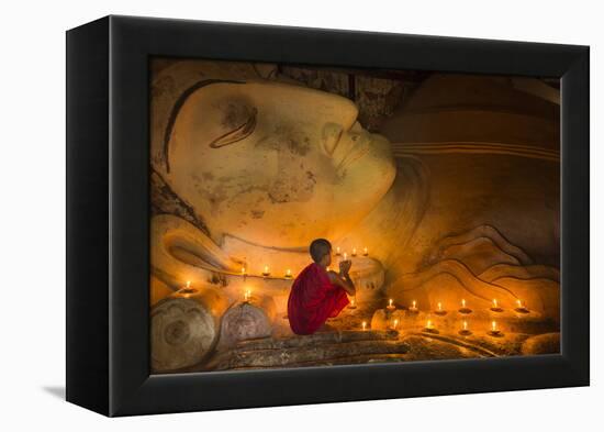 Myanmar, Bagan. Young Monk at Shinbinthalyaung Temple Reclining Buddha-Brenda Tharp-Framed Premier Image Canvas