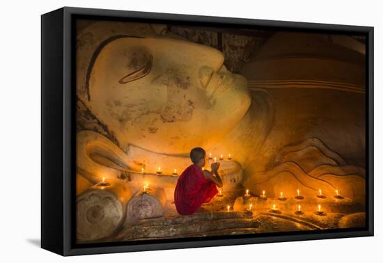 Myanmar, Bagan. Young Monk at Shinbinthalyaung Temple Reclining Buddha-Brenda Tharp-Framed Premier Image Canvas