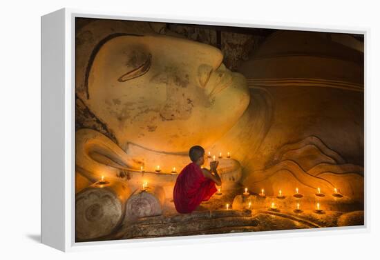 Myanmar, Bagan. Young Monk at Shinbinthalyaung Temple Reclining Buddha-Brenda Tharp-Framed Premier Image Canvas