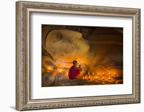 Myanmar, Bagan. Young Monk at Shinbinthalyaung Temple Reclining Buddha-Brenda Tharp-Framed Photographic Print