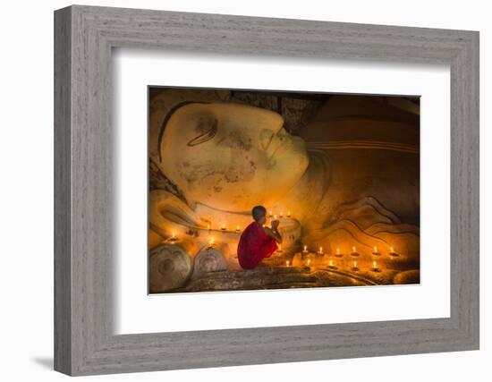 Myanmar, Bagan. Young Monk at Shinbinthalyaung Temple Reclining Buddha-Brenda Tharp-Framed Photographic Print