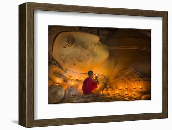 Myanmar, Bagan. Young Monk at Shinbinthalyaung Temple Reclining Buddha-Brenda Tharp-Framed Photographic Print